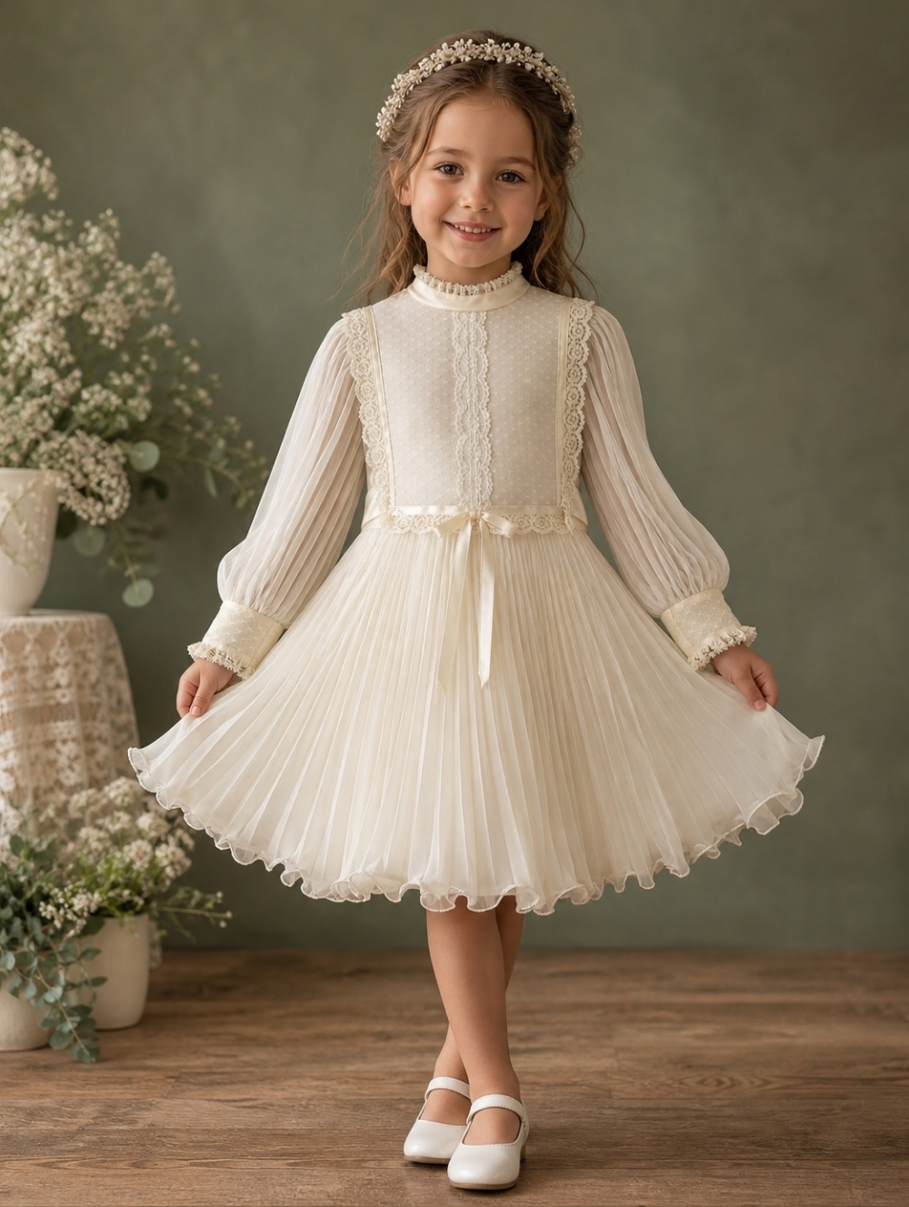 Vintage Ivory Flower Girl Dress Lace Pleated Satin Easter Wedding